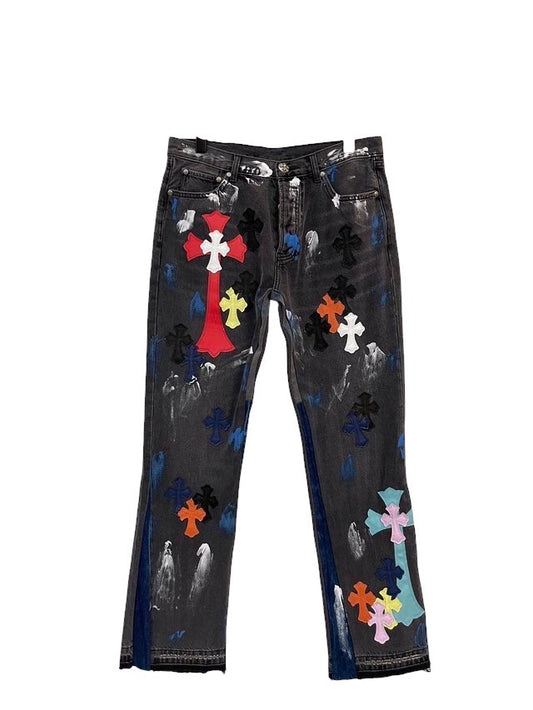 CHROME HEARTS x GALLERY DEPT. MULTICOLOR CROSS PATCH DENIM PANTS