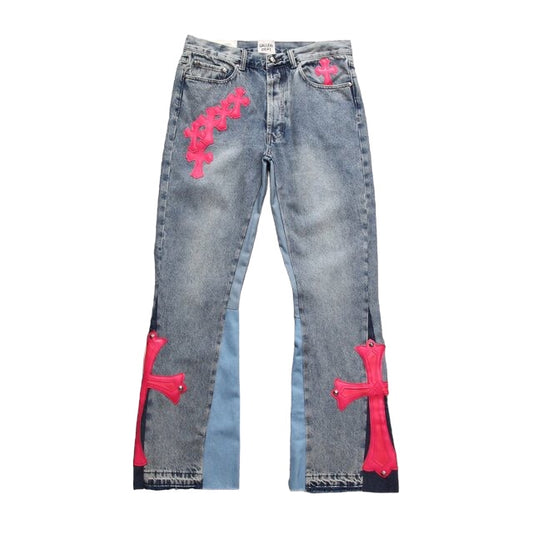 CHROME HEARTS x GALLERY DEPT. PINK CROSS FLARE PATCH DENIM JEANS