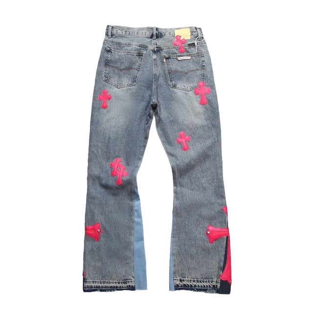 CHROME HEARTS x GALLERY DEPT. PINK CROSS FLARE PATCH DENIM JEANS 