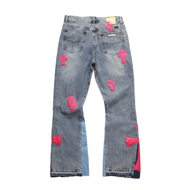 CHROME HEARTS x GALLERY DEPT. PINK CROSS FLARE PATCH DENIM JEANS