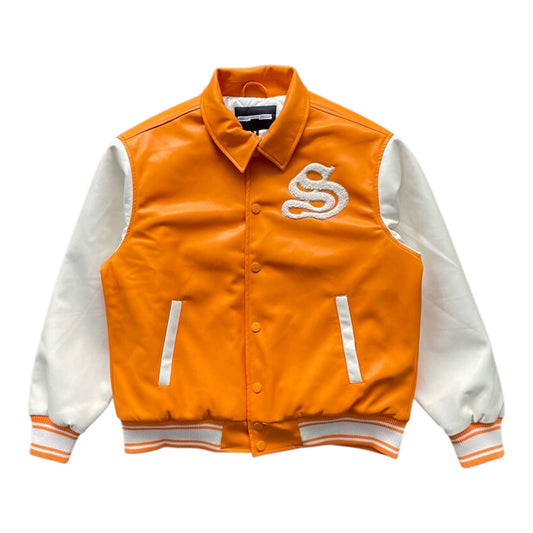 SP5DER WORLDWIDE SNAKE LEATHER VARSITY BOMBER JACKET